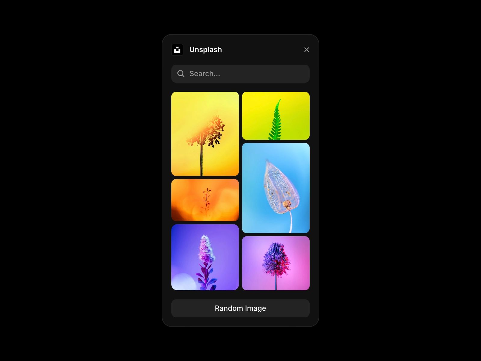 Screenshot of a Framer stock image plugin interface for browsing and inserting free images from Unsplash or Pexels
