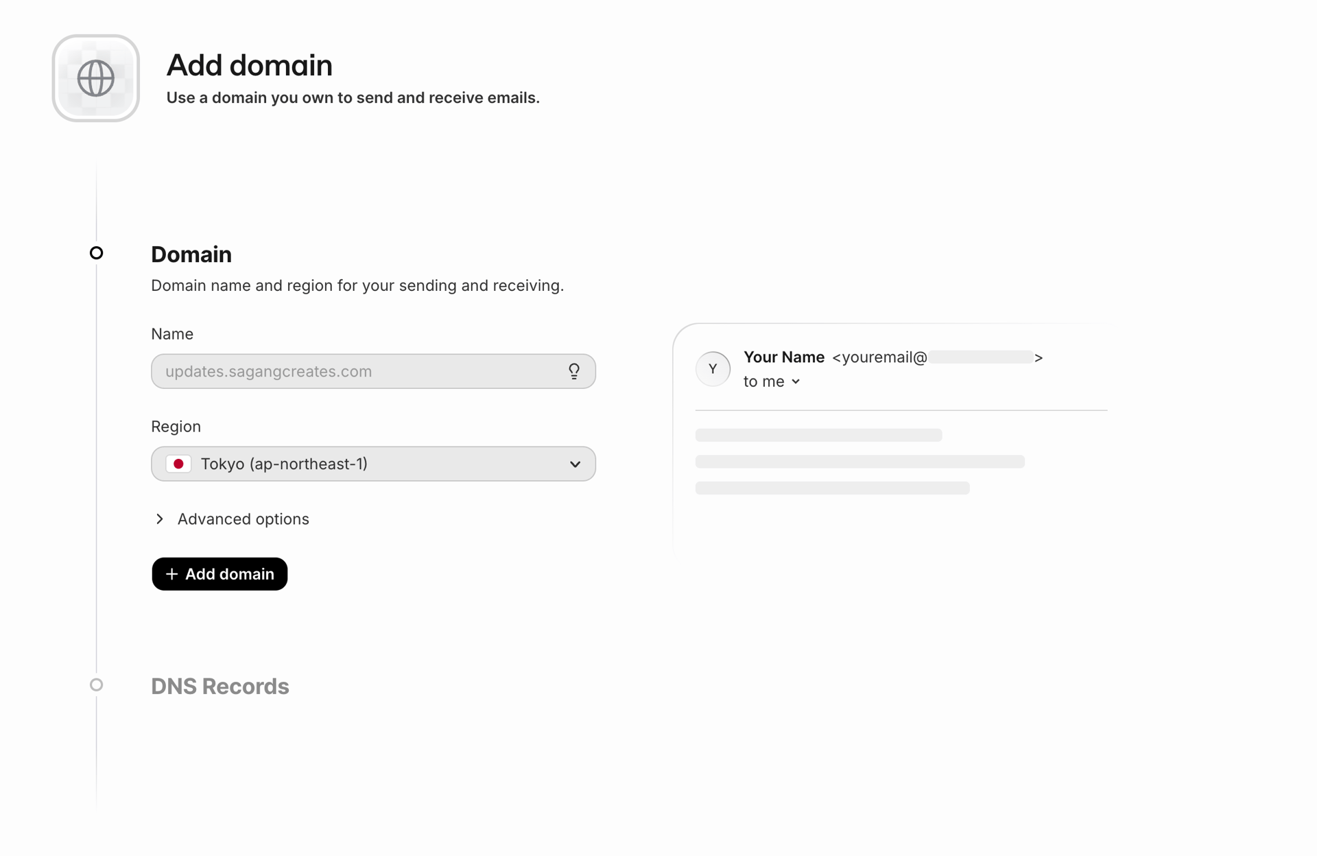 Resend DNS verification screen showing records for a sending subdomain