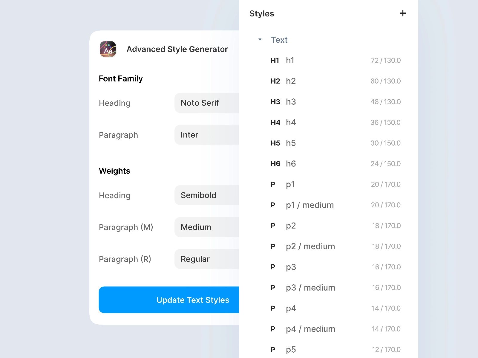 Screenshot of the Advanced Style Generator plugin in Framer showing tools for generating typography and color styles