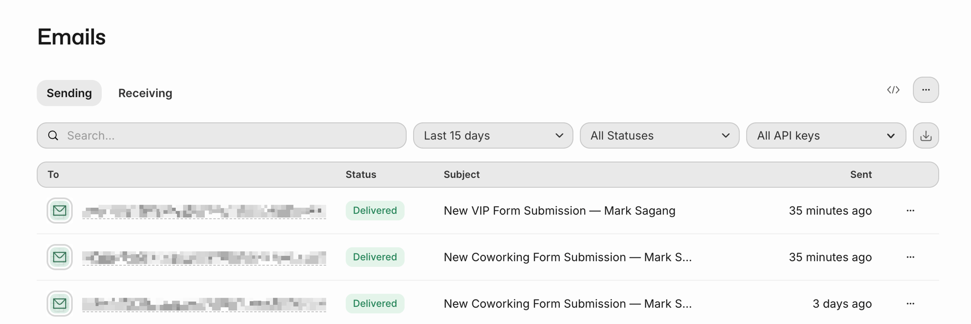 Resend email dashboard showing delivered Webstudio form submission emails with subject lines and delivery status
