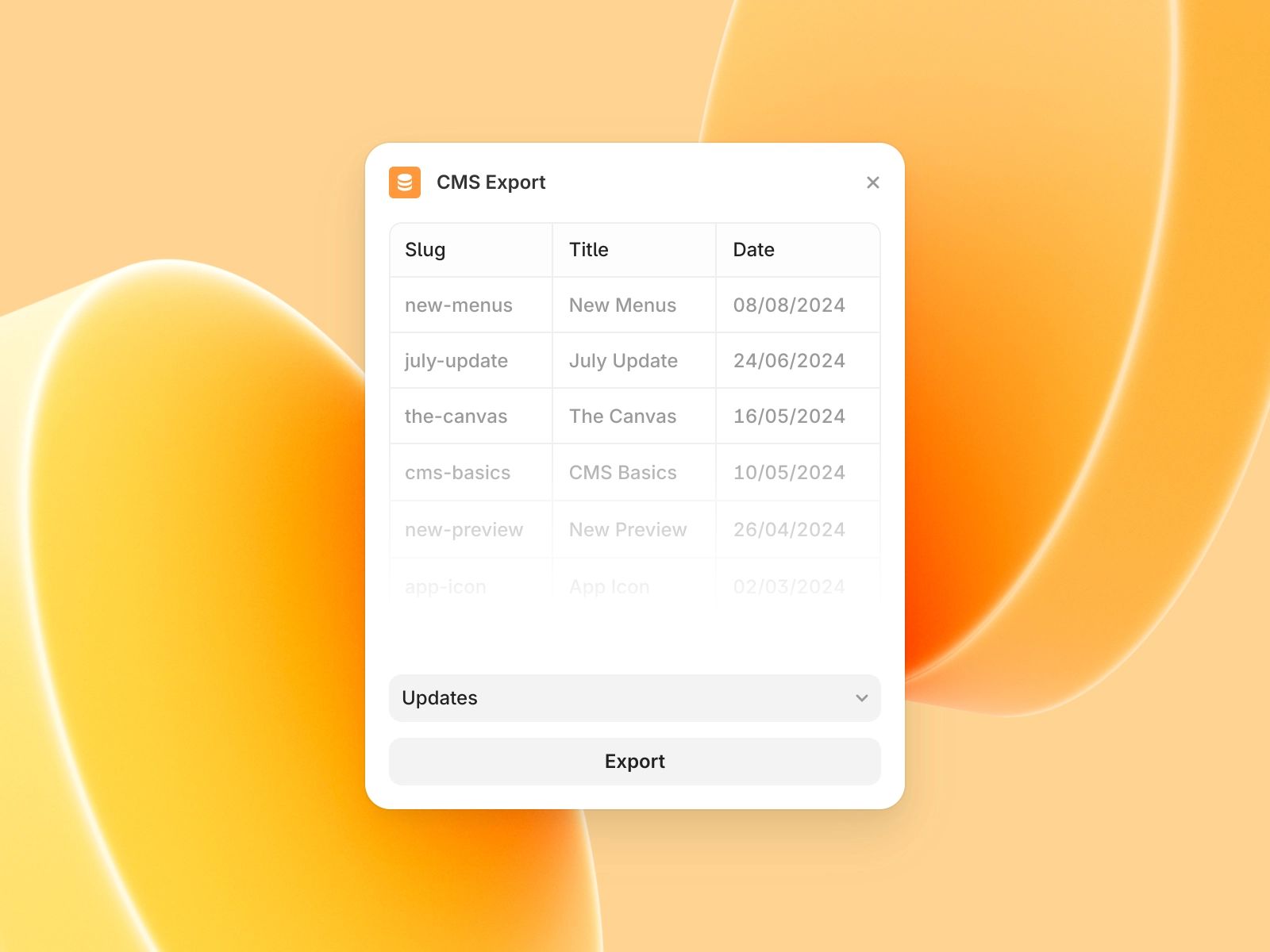 Screenshot of the CMS Export plugin in Framer showing the interface for exporting CMS collections as CSV files
