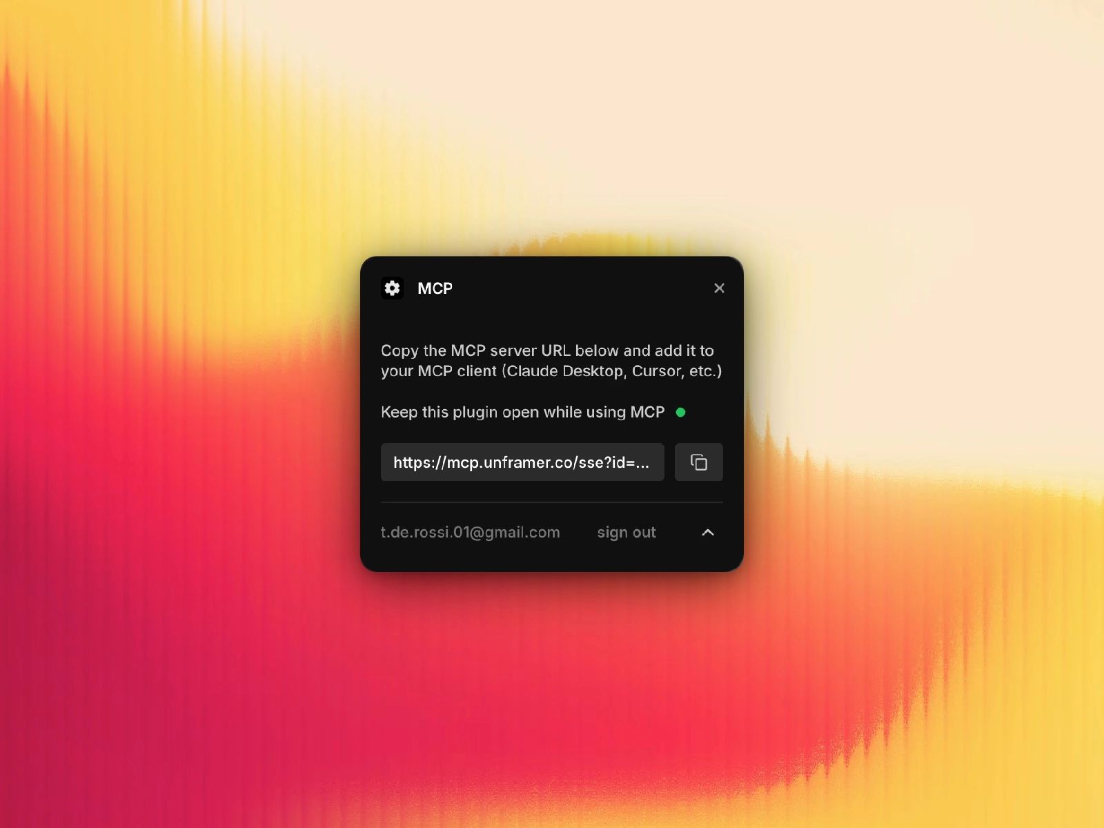 Screenshot of the MCP plugin in Framer used to connect AI assistants for content editing and CMS updates
