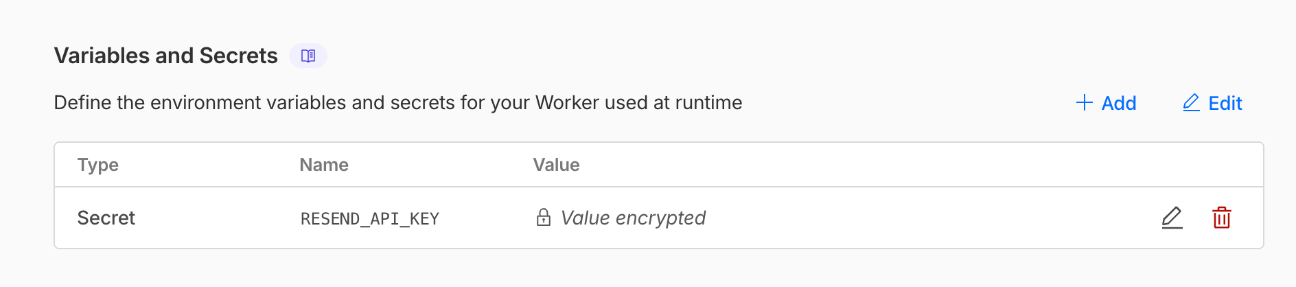 Cloudflare Worker variables and secrets screen showing the RESEND_API_KEY secret