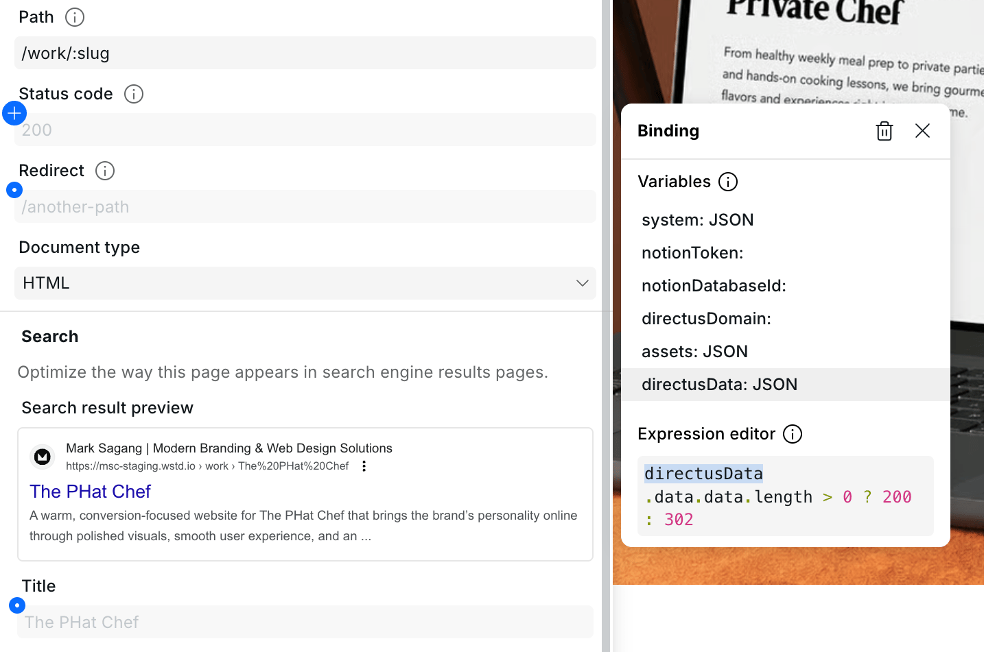 Webstudio page settings showing the Status Code binding editor with a conditional expression that returns 200 when CMS data exists and 302 when missing