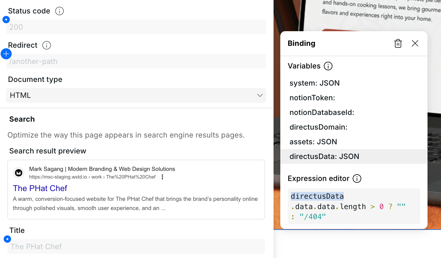 Webstudio page settings showing the Redirect binding editor with a conditional expression that redirects missing CMS detail pages to the 404 page